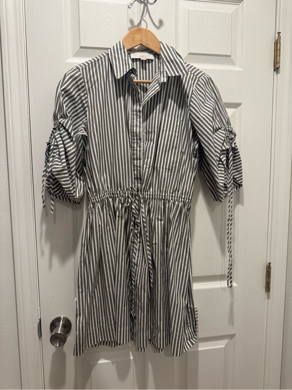 LOFT Grey & White Striped Drawstring Shirt Dress